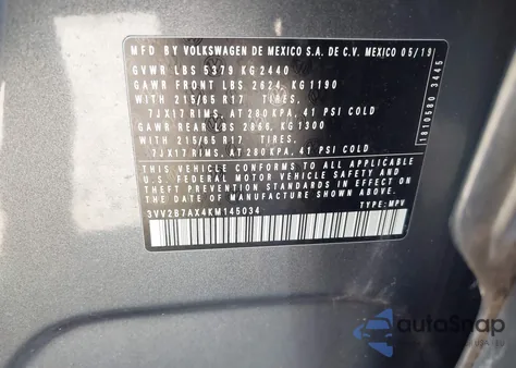2019 Volkswagen Tiguan 2.0T Se/2.0T Sel/2.0T Sel R-Line/2.0T Sel R-Line Black from USA, damaged, VIN 3VV2B7AX4KM145034
